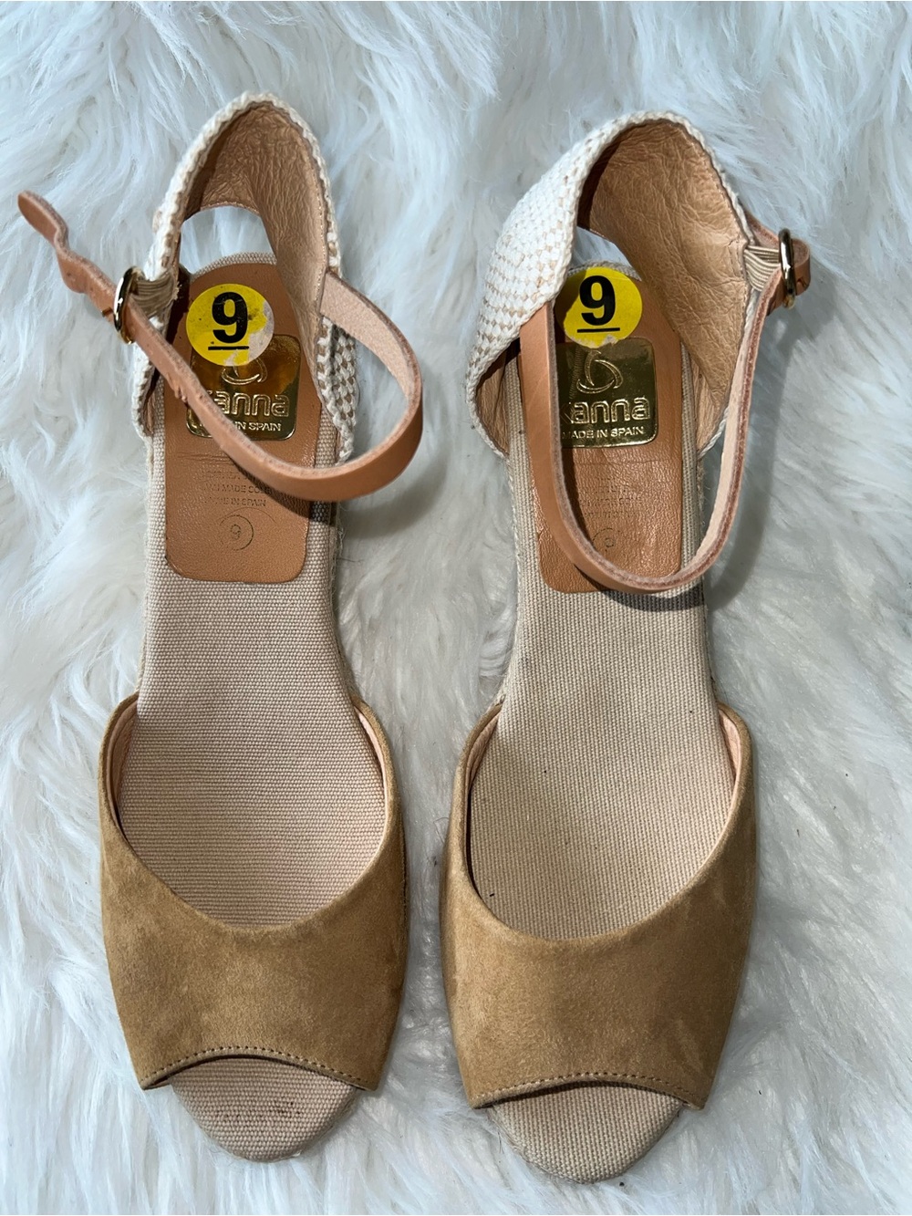 Kanna Tan Suede Wedge Sandals with Cream Woven Ankle Strap